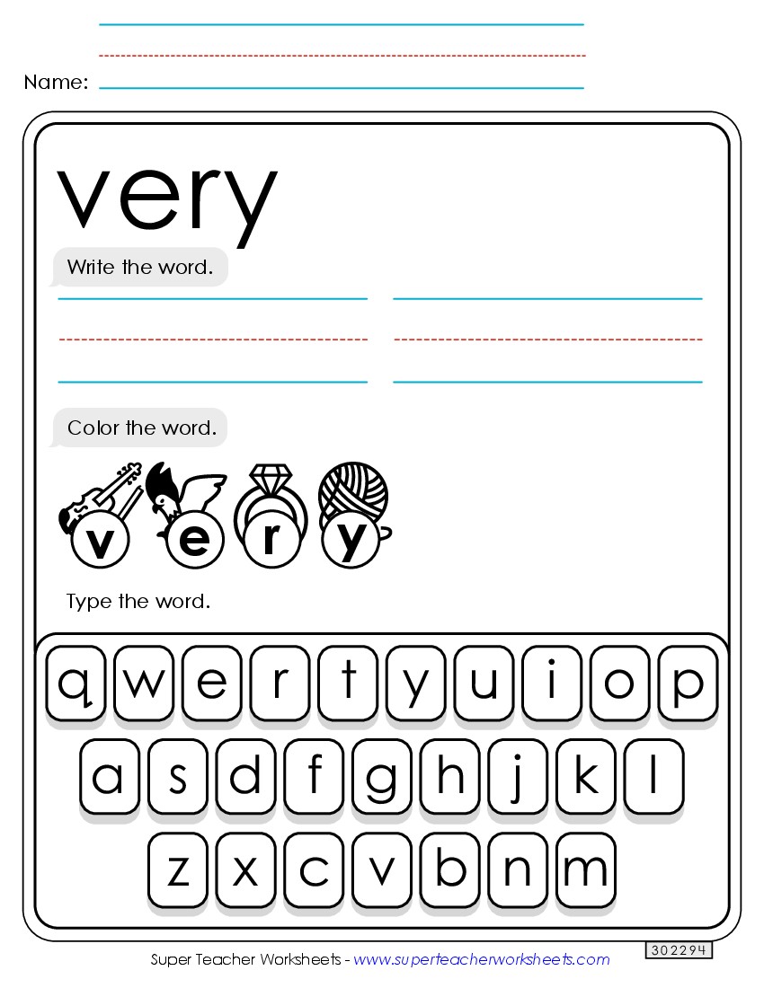 Write, Color, Type: Very Sight Words Individual Worksheet