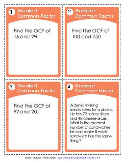 Task Cards: GCF Factors Worksheet