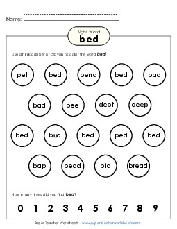 Dab or Color: Bed Sight Words Individual Worksheet