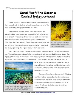 Coral Reef: Ocean\'s Coolest Neighborhood 3rd Grade Reading Comprehension Worksheet