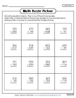 Math Puzzle Picture  (3-Digit Subtraction with Regrouping) Worksheet