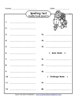 Spelling Test (C-Healthy Foods)  Spelling C Worksheet