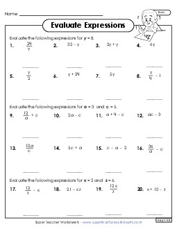 Evaluate Algebraic Expressions (Basic) Worksheet 3 Expressions Evaluate Worksheet