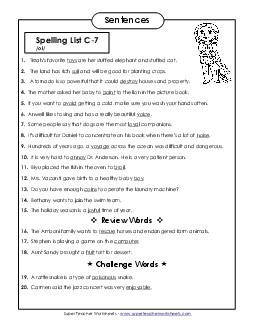 Spelling Test Sentences (C-7) Spelling C Worksheet