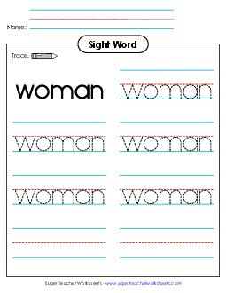 Trace the Word: Woman Sight Words Individual Worksheet