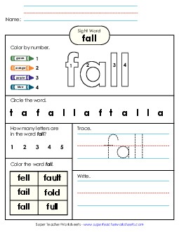 Worksheet 4: Fall Sight Words Individual Worksheet