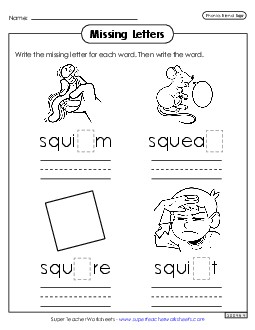 Missing Letters (Squ- Words) Phonics Blends Worksheet