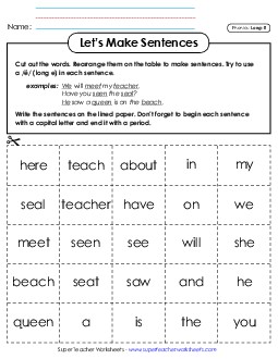 Let\'s Make Sentences (Long E) Phonics Long Short E Worksheet