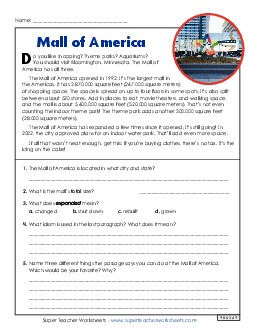 Mall of America (Short Article) 3rd Grade Reading Comprehension Reading Comp Short Worksheet