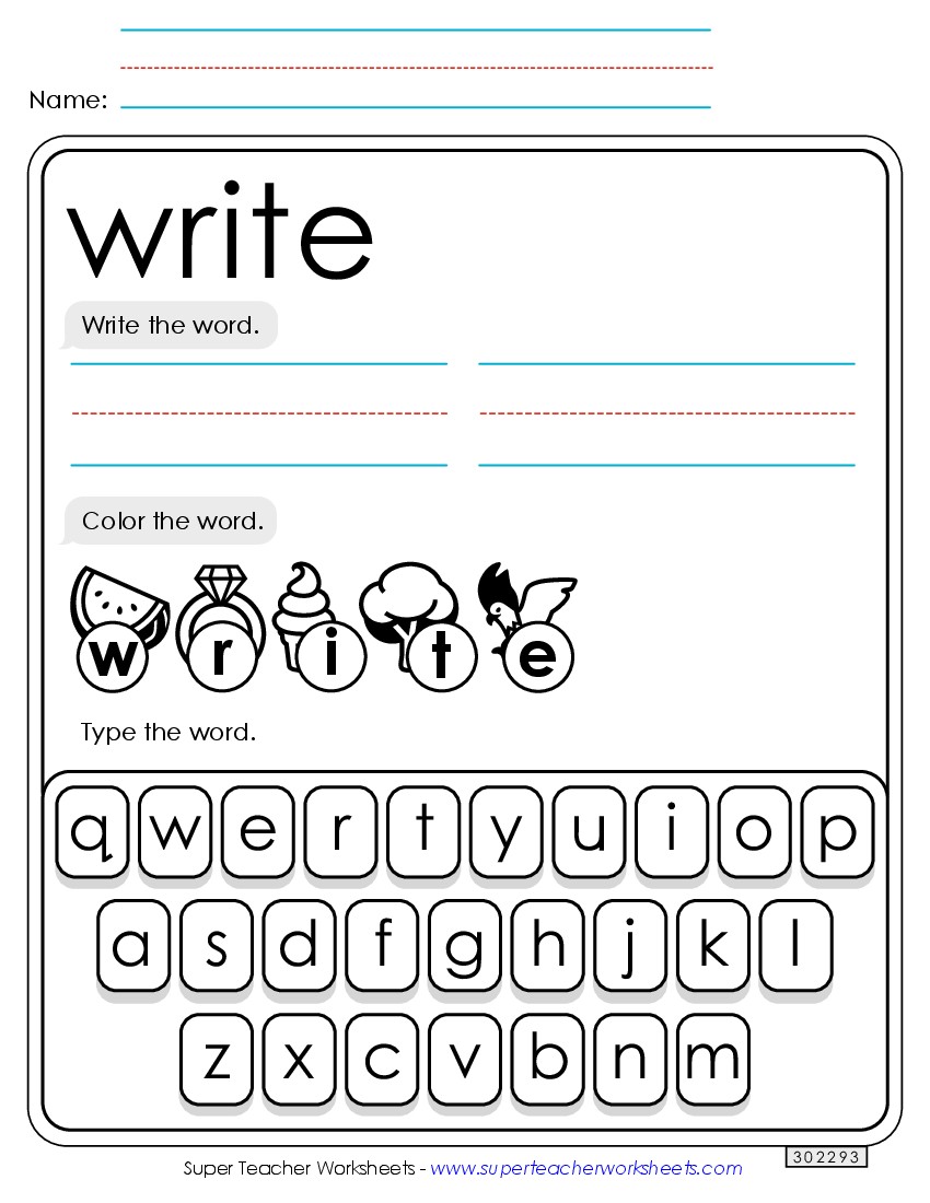 Write, Color, Type: Write Sight Words Individual Worksheet