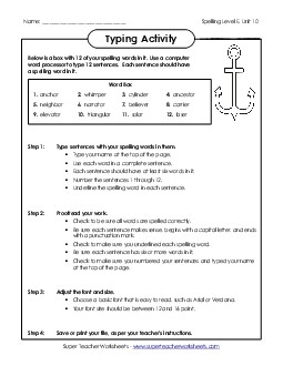 Typing Sentences (E-10) Spelling E Worksheet