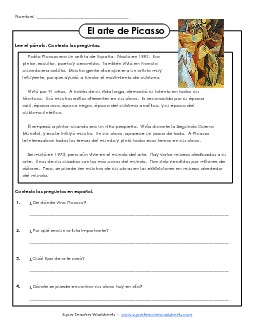 El arte de Picasso Spanish Worksheet