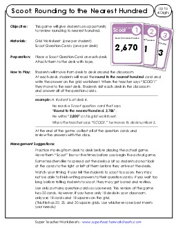 Scoot Game: Rounding to Nearest Hundred (Up to 4 Digits) Worksheet