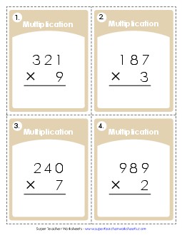 Task Cards (3 Digits times 1 Digit) Multiplication Worksheet