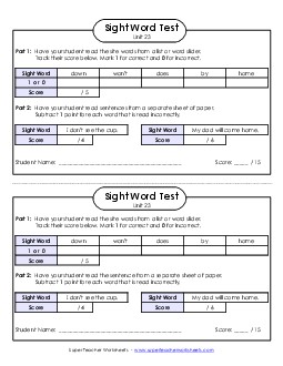 1-on-1 Reading Test (Unit 23) Sight Words Worksheet