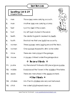 Spelling Test Sentences (B-29) Spelling B Worksheet