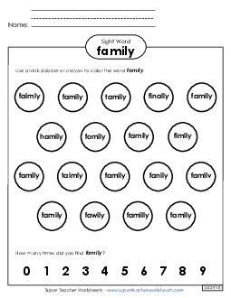 Dab or Color: Family Free Sight Words Individual Worksheet