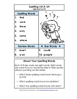 Spelling List A-24 Spelling A Worksheet