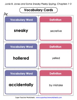 Vocabulary Cards for Chapters 1-3 Free Books Worksheet