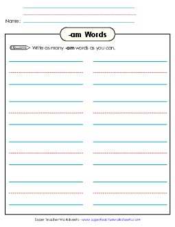 Brainstorm and Write (-am) Word Families Worksheet