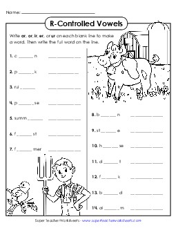 R-Controlled Vowels ar, er, ir, or, ur Phonics Worksheet