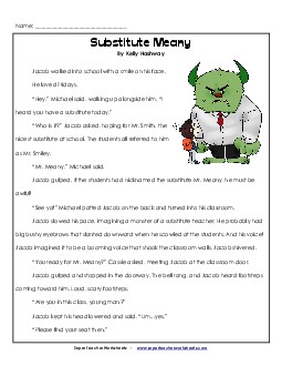 Substitute Meany 4th Grade Reading Comprehension Worksheet