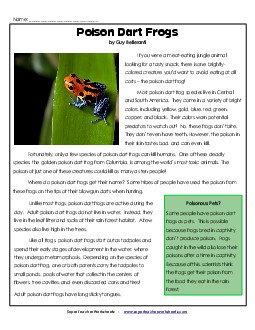 Poison Dart Frogs 6th Grade Reading Comprehension Worksheet