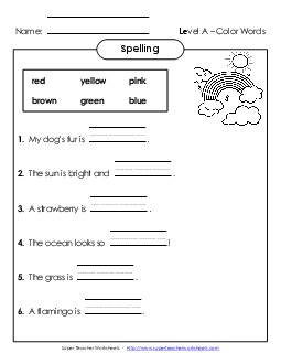 Complete the Sentences (A-Color Words)  Spelling A Worksheet