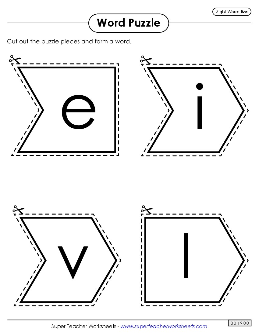 Word Puzzle: Live Sight Words Individual Worksheet