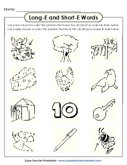 Color Long E and Short E Words Phonics Long Short E Worksheet