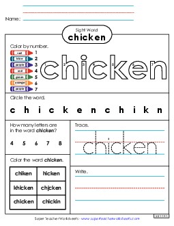 Worksheet 4: Chicken Sight Words Individual Worksheet