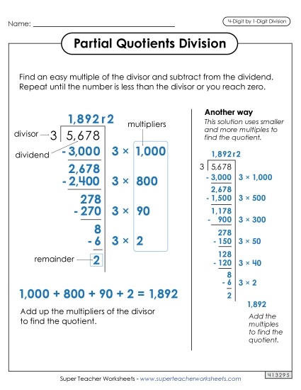 Partial Quotients Anchor Chart  (4-Digit by 1-Digit) Division Worksheet