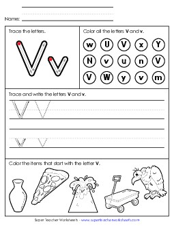 Tracing, Writing, and Recognizing Letter V Alphabet Worksheet