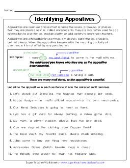 New Identifying Parts of Appositives Worksheet