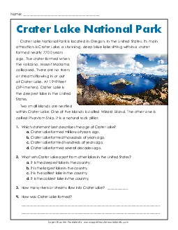 Crater Lake National Park (Short Passage) Reading Comprehension Reading Comp Short Worksheet