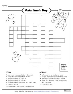 Valentine\'s Day Crossword Holiday Worksheet