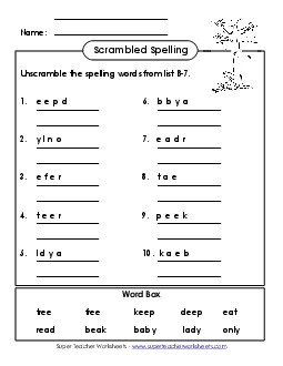 Word Unscramble (B-7) Spelling B Worksheet