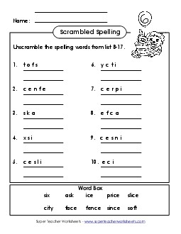 Word Unscramble (B-17) Spelling B Worksheet