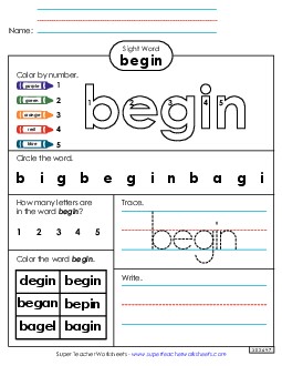 Worksheet 4: Begin Free Sight Words Individual Worksheet