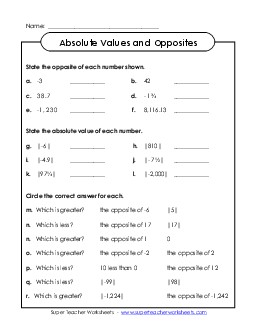 Absolute Value & Opposites Worksheet