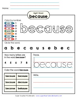 Worksheet 4: Because Sight Words Individual Worksheet