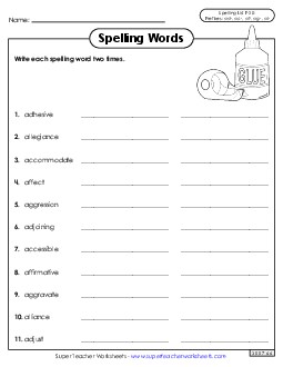 Write Words Twice (F-20) Spelling F Worksheet