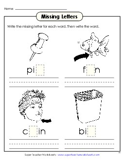 Missing Letters (-in) Word Families Worksheet