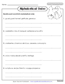 Alphabetical Order Worksheet (Thanksgiving) Spelling F Worksheet