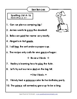 Spelling Test Sentences (A-16)  Spelling A Worksheet