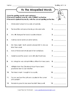 Fix the Mistakes (E-14) Spelling E Worksheet