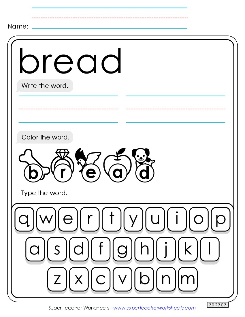 Write, Color, Type: Bread Sight Words Individual Worksheet