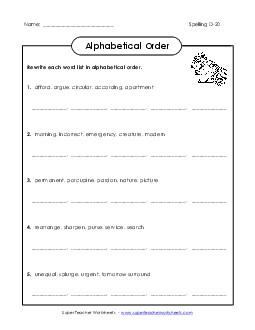 Alphabetical Order (D-20) Spelling D Worksheet