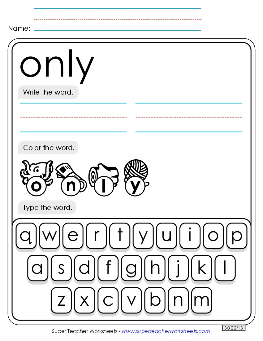 Write, Color, Type: Only Sight Words Individual Worksheet