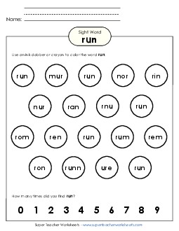 Dab or Color: Run Sight Words Individual Worksheet